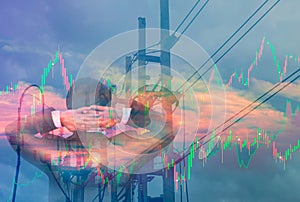 Double exposure Rear view of businessman,electric pole, and sky stock graph background,concept of volatility stocks and energy