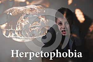 Double exposure of scared little boy suffering from herpetophobia on background. Fear or aversion to reptiles