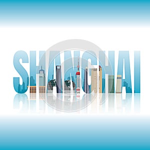Double exposure of shanghai text with cityscape. Vector illustration decorative design
