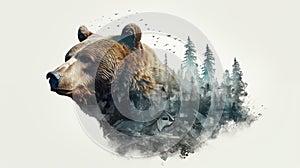 double exposure, side silhouette of a bear\'s body, forest entering top of bear’s back soft natural colors, AI-generated