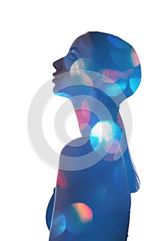 double exposure silhouette bokeh light blue woman