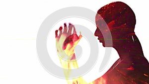 double exposure silhouette burning furious woman