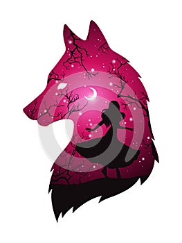 Double exposure silhouette of wolf with shadow of beautiful woman in the night forest, crescent moon and stars. Sticker or tattoo