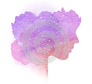 Double exposure silhouette of woman with splashed water color.