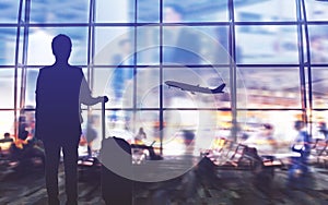 Double exposure silhouettes of passenger walking at airport with people. Business airline Double exposure silhouettes of passenger