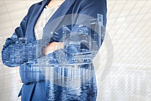 Double Exposure of Smart Businesswoman With City Skyscraper Building Background, Entrepreneur Business People of Financial Banking