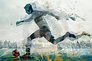 Double exposure of a Soccer player ready to kick the soccerball at the stadium. Generative AI