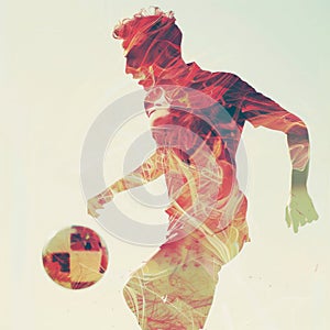 Double exposure of a Soccer player ready to kick the soccerball at the stadium. Generative AI