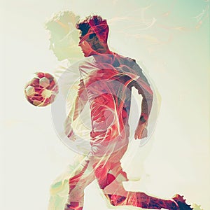 Double exposure of a Soccer player ready to kick the soccerball at the stadium. Generative AI