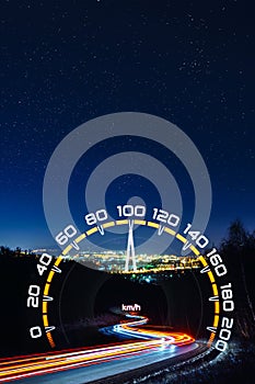 Double exposure of the starry sky above city lights, light tracks and car speedometer