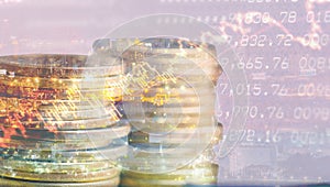 Double exposure of statement, graph and rows of coins for financial and business concept