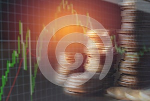 Double exposure stock financial indices with stack coin. Finan photo