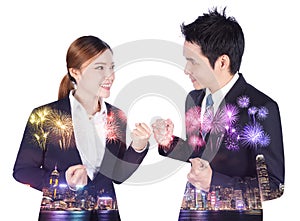 Double exposure of successful business man and woman with arm ra