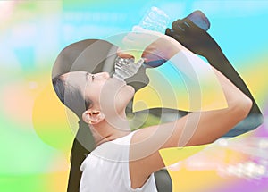 Double exposure of thirsty woman drinking water