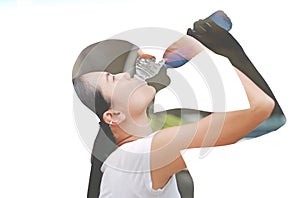 Double exposure of thirsty woman drinking water