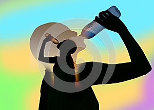 Double exposure of thirsty woman drinking water