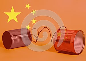 Double exposure of tin can phone with Chinese flag Communication concept