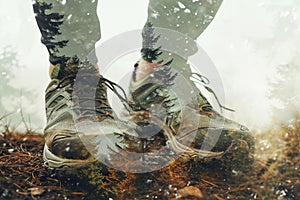 Double exposure with trail running shoe and forest. Generative AI