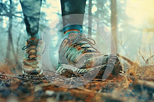 Double exposure with trail running shoe and forest. Generative AI