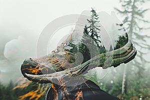 Double exposure with trail running shoe and forest. Generative AI