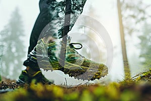 Double exposure with trail running shoe and forest. Generative AI