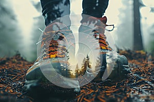 Double exposure with trail running shoe and forest. Generative AI