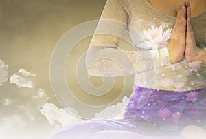 Double exposure - tranquility from yoga woman by meditation to purify mind,background evening after sunset,With concept of