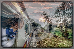 Double exposure traveler in the train with sunrise background