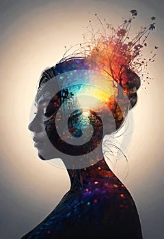 Double exposure watercolor explosion of creativity in the head of a female silhouette. Generated by AI