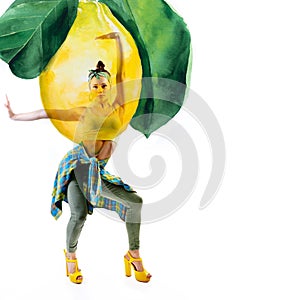 Double exposure of watercolor lemons with full-length portrait of beautiful dancing girl in green pants, lime top and yellow shoes