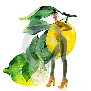 Double exposure of watercolor lemons with full-length portrait of beautiful dancing girl in green pants, lime top and yellow shoes