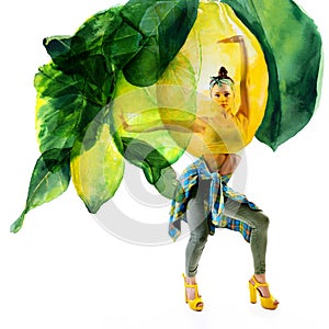 Double exposure of watercolor lemons with full-length portrait of beautiful dancing girl in green pants