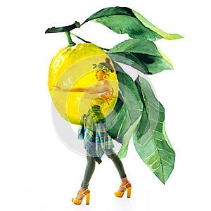 Double exposure of watercolor lemons with full-length portrait of beautiful dancing girl in green pants