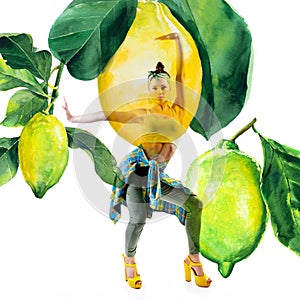 Double exposure of watercolor lemons with full-length portrait of beautiful dancing girl in green pants, lime top and yellow shoes