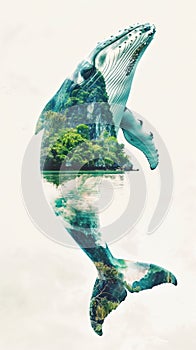 A double exposure whale with a tropical Philippines bay as the background, slight clouds in background