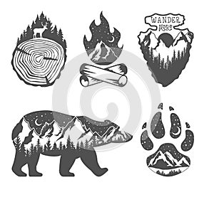 Double exposure. Wildlife concept. Hand drawn outdoor badges. Wild nature in black and white colors