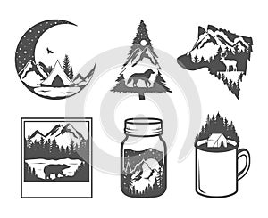 Double exposure. Wildlife concept. Hand drawn outdoor badges. Wild nature in black and white colors