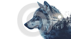 Double exposure of wolf and forest. Generative AI