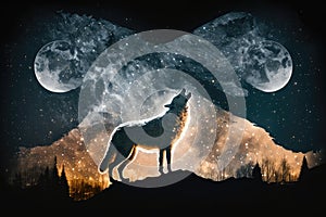 double exposure of wolf howling at the moon against starry night sky