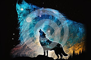 double exposure of wolf howling at the moon against starry night sky