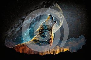 double exposure of wolf howling at moon against starry night sky