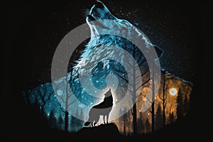 double exposure of wolf howling at the moon, with starry night sky in the background