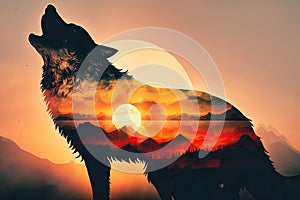 double exposure of wolf howling at sunrise, with the sun peeking over the horizon
