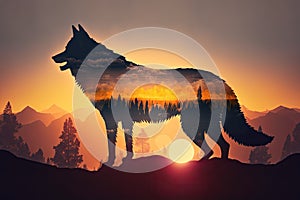 double exposure of wolf howling at sunrise, with the sun peeking over the horizon