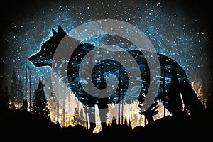 double exposure of wolf prowling through forest, with view of the night sky visible above