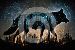 double exposure of wolf prowling through forest, with view of the night sky visible above