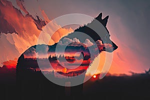 double exposure of wolf and sunrise, with fiery orange sky and clouds