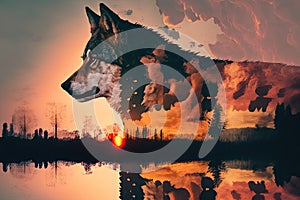 double exposure of wolf and sunrise, with fiery orange sky and clouds