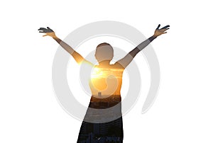 Double exposure woman feeling free and arms wide open with evening sunset on white background