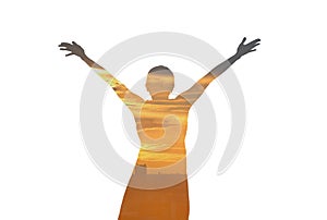 Double exposure woman feeling free and arms wide open with evening sunset on white background